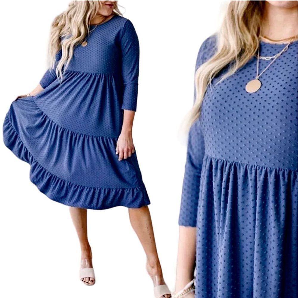 Reb in J Dress Slate Blue Swiss Dot Mid Length Tiered Skirt Long Sleeve Size L - Picture 3 of 14